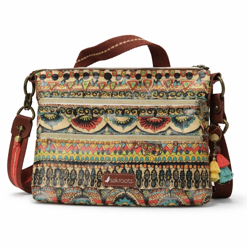 Sakroots Boho Crossbody Bag Triple Zip Coated Canvas Festival Travel Purse